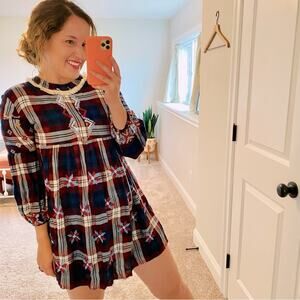 Hemant & Nandita Blue Red Floral Plaid Mini Dress XS